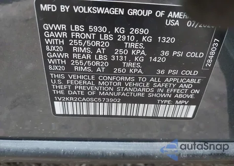 2025 Volkswagen Atlas 2.0T Se W/Technology из США, поврежденный, VIN 1V2KR2CA0SC573902